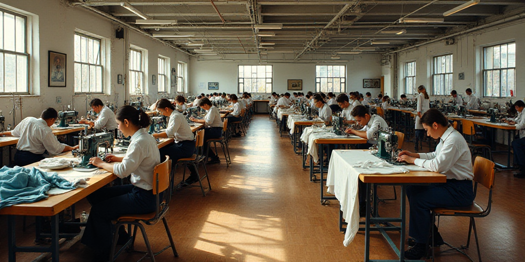 a factory with a lot of people working on sewing machines and clothes on tables and chairs in front