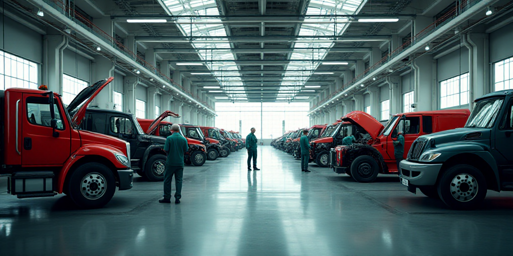 a factory with a lot of vehicles and people working on them and some men working on the machines and