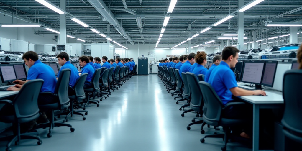 a factory with workers in blue shirts and a lot of desks and chairs with computers on them and peopl