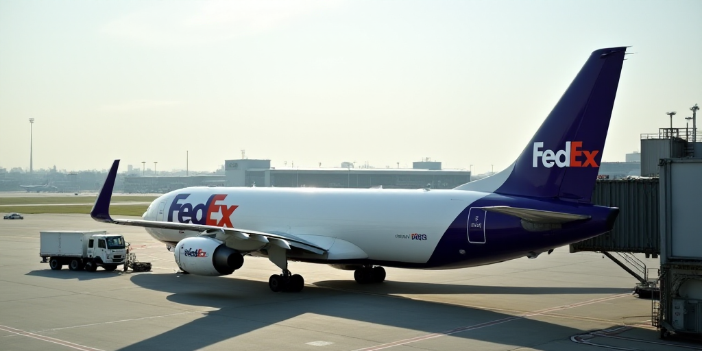 a fedex airplane parked at an airport terminal with a truck nearby on the tarmac and a building in t