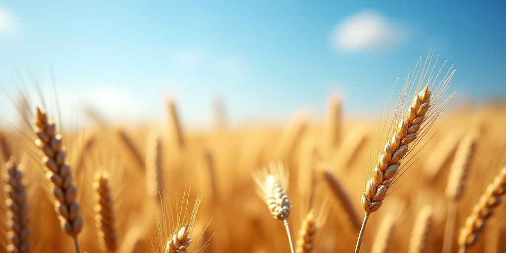 a field of wheat ready to be harvested in the fall or winter time, with a blue sky in the background