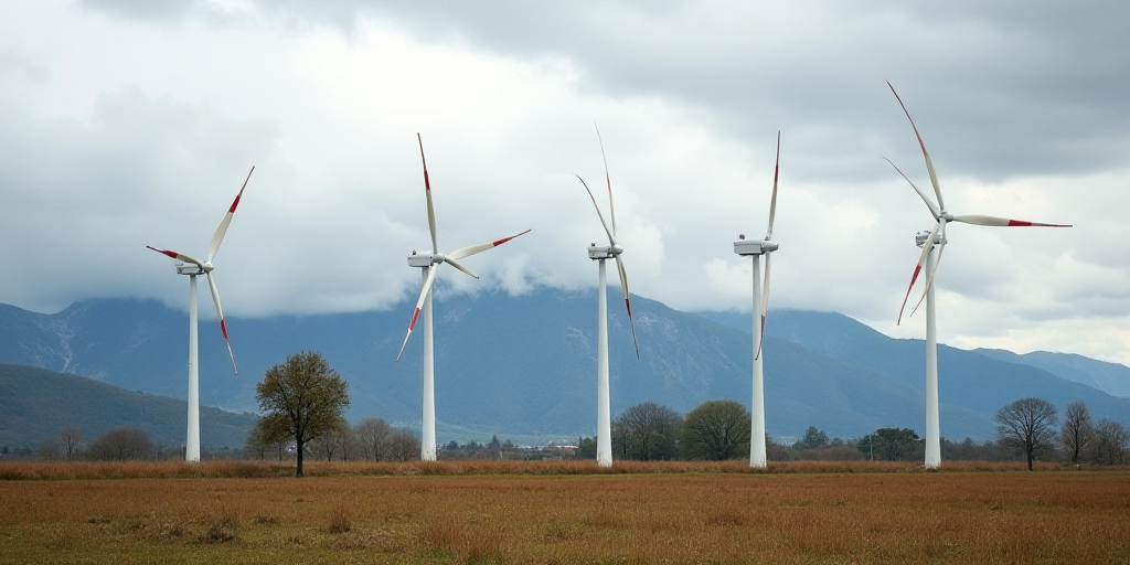 a field of wind turbines in front of a mountain range with a cloudy sky in the background, with a fe