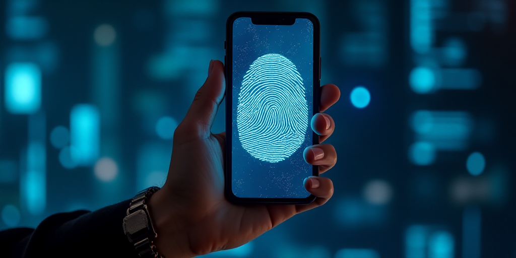 a fingerprint is being held up in front of a futuristic background with a fingerprint on it and a fi