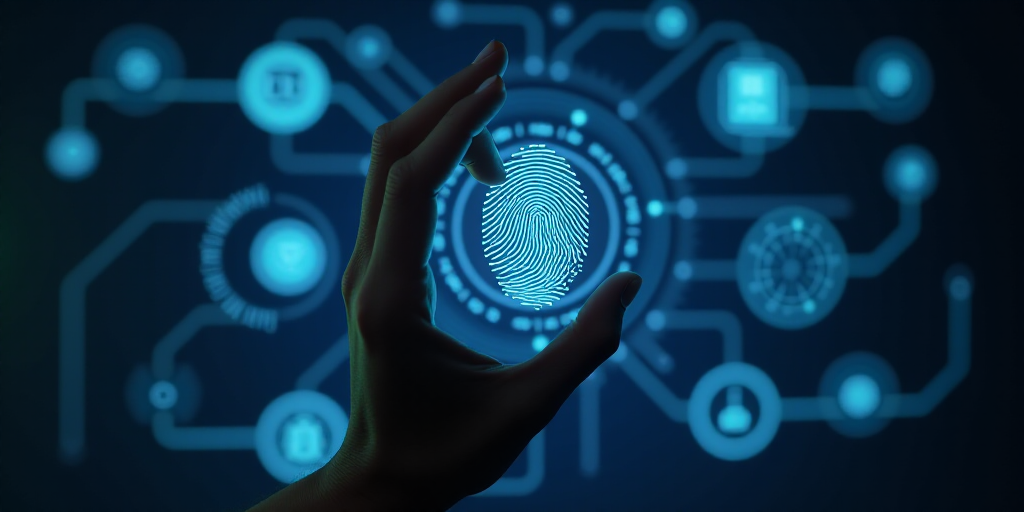 a fingerprint is being held up in front of a futuristic interface with icons and symbols on it,, And