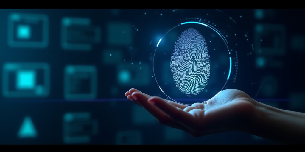 a fingerprint is being held up in front of a futuristic background with a fingerprint on it and a fi