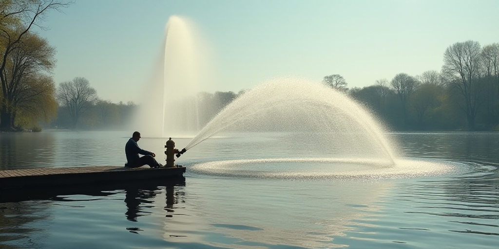 a fire hydrant spewing water out of a lake with a man sitting on a dock in the background, Andries S
