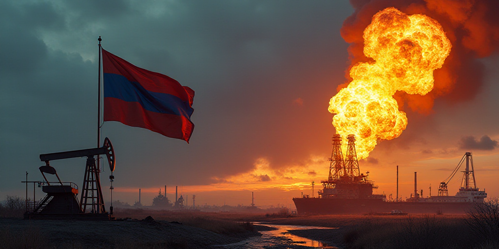 a flag and a flag on a flagpole with a fire in the air in the background and a smokestack in the for