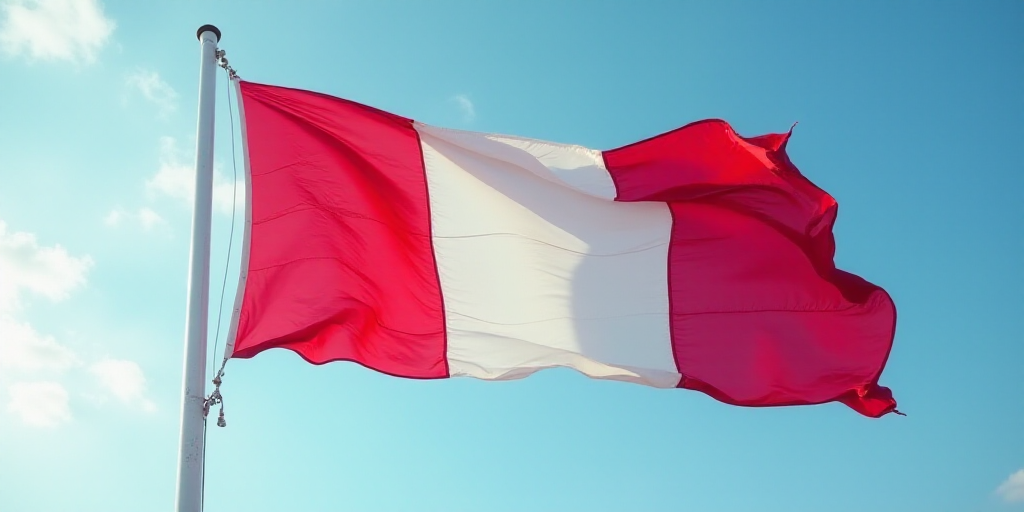 a flag flying in the wind with a blue sky in the background and a red and white stripe on the flag,