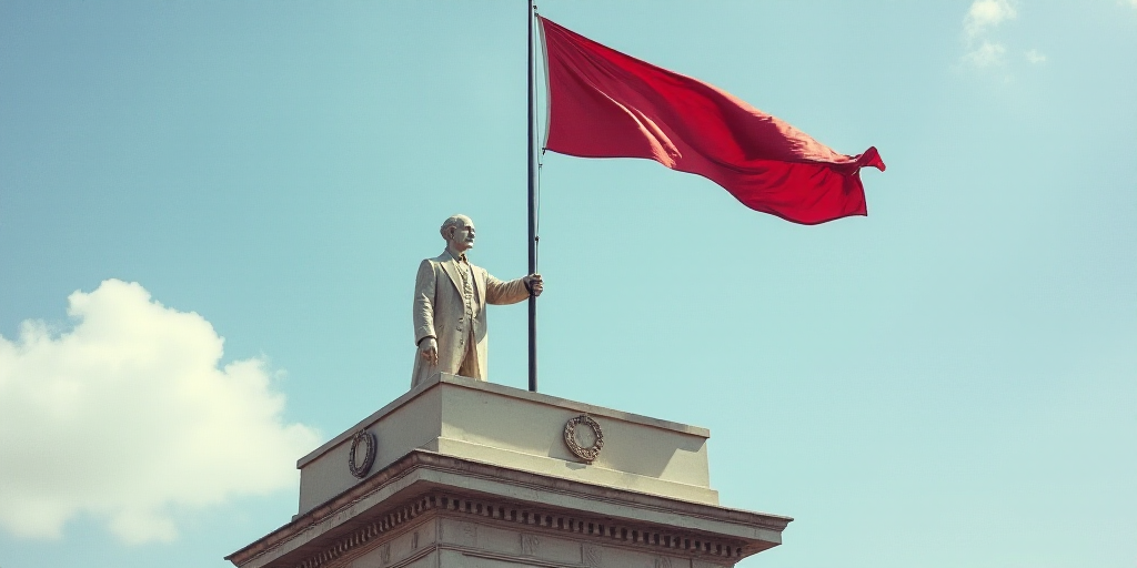 a flag flying on top of a building with a flagpole on top of it and a statue of a man on top of the