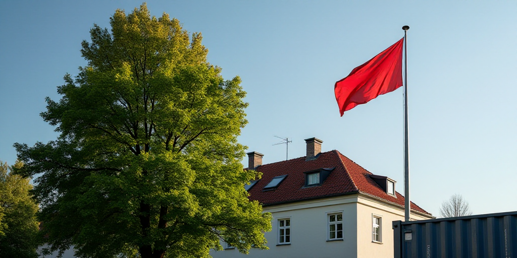 a flag is flying in front of a building with a tree in the foreground and a container on the other s