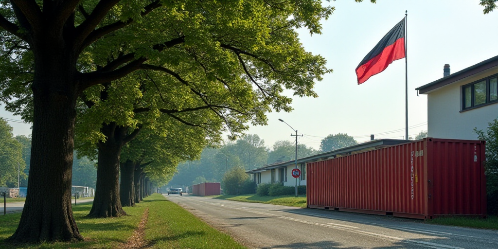 a flag is flying in front of a building with a tree in the foreground and a container on the other s