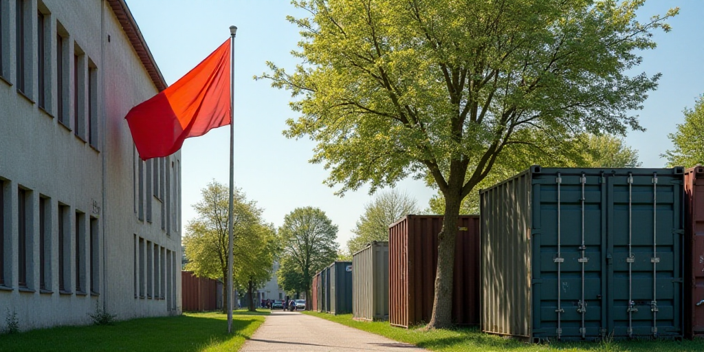 a flag is flying in front of a building with a tree in the foreground and a container on the other s