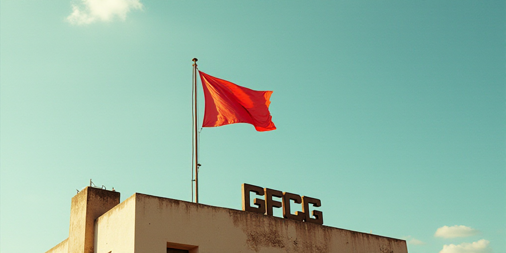 a flag is flying on top of a building with a sign that says gfcg on it and a flag on top of a buildi