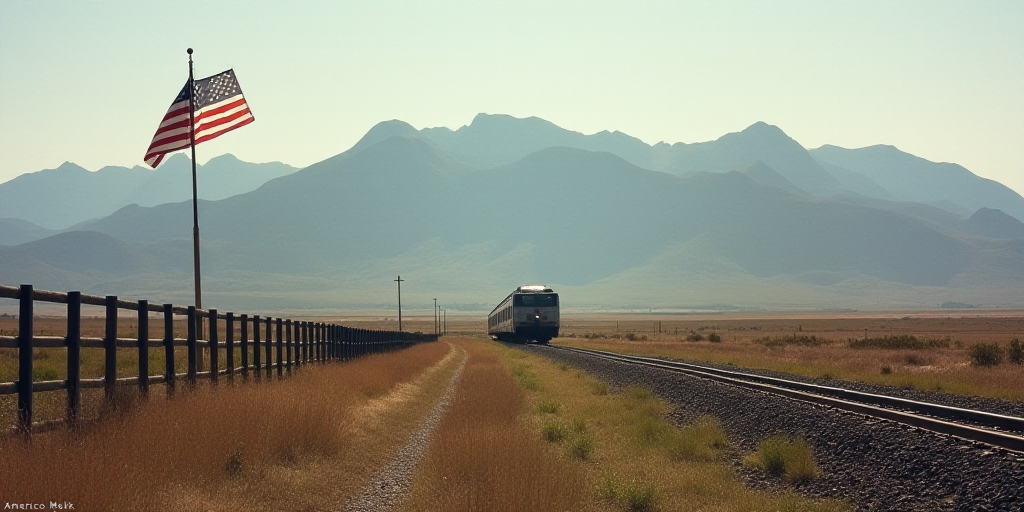 a flag is on a pole near a fence and a mountain range in the background with a train track, Americo
