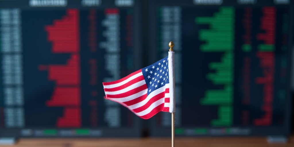 a flag is placed in front of a stock board with an american flag on it and a stock board in the back