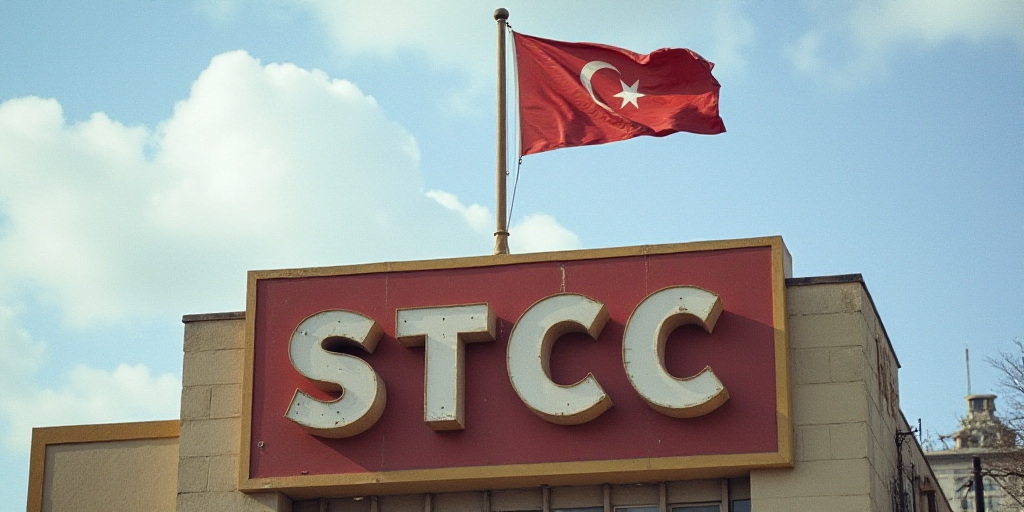 a flag on top of a building with a sign in front of it that says stcc and a flag on top of a buildin