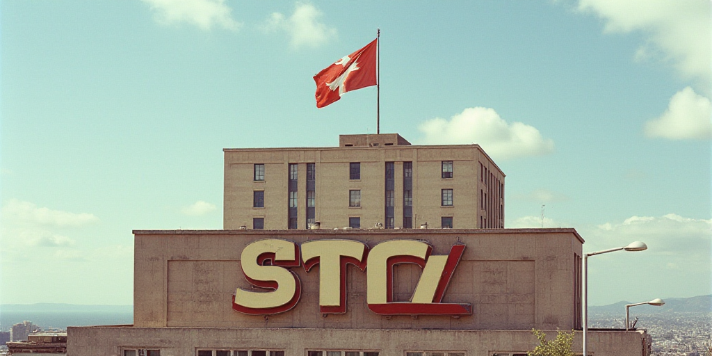a flag on top of a building with a sign in front of it that says stcc and a flag on top of a buildin