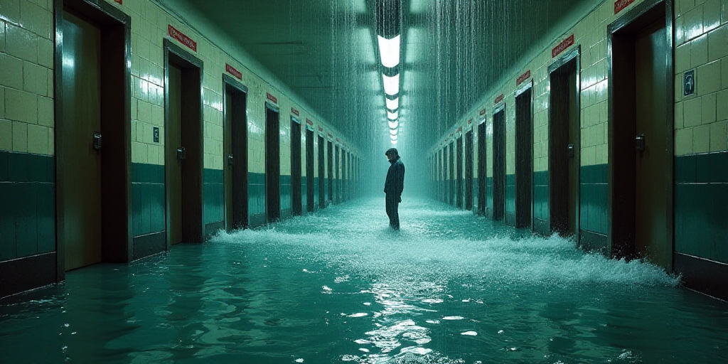 a flooded subway station with a bunch of doors and a bunch of water pouring out of it and a person s