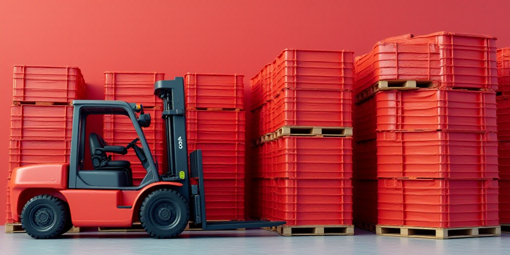 a forklift with a fork on it is in front of a large stack of red boxes on a pallet, Andries Stock, r