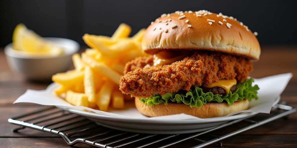 a fried chicken sandwich and fries with a side of dipping sauce and a lemon wedge on a cooling rack,