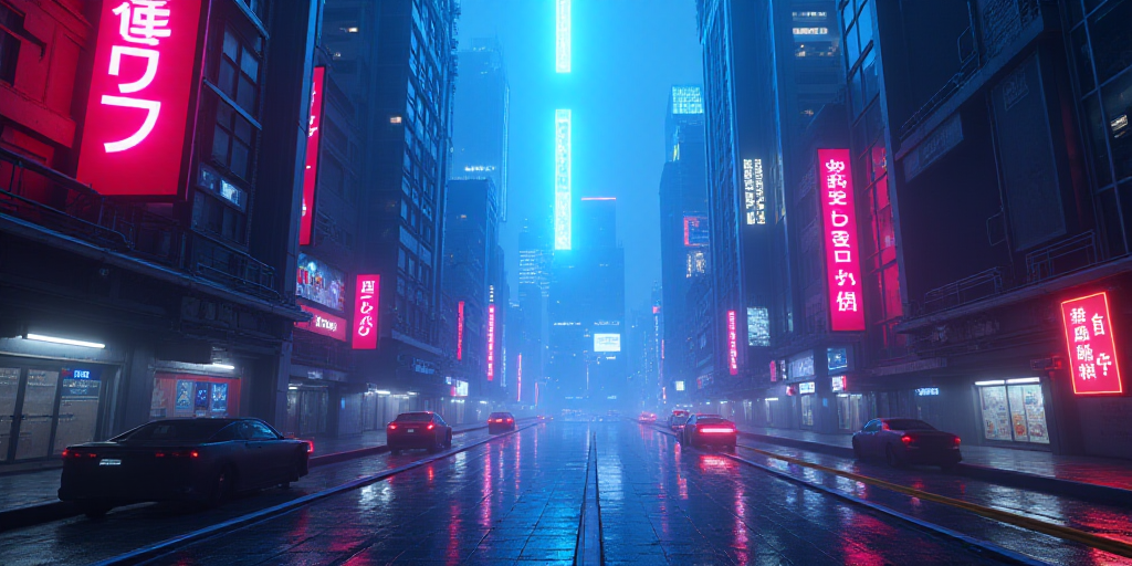 a futuristic city with a neon colored letter on it's side and a bright blue light above it, Ai-Mitsu