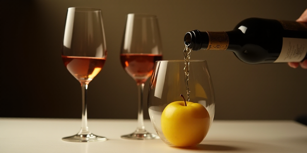a glass of wine being poured into a glass with a yellow apple inside of it on a table with a blurry
