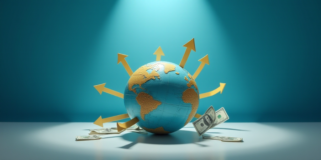 a globe surrounded by money and arrows on a table with a light shining on it and a blue background,