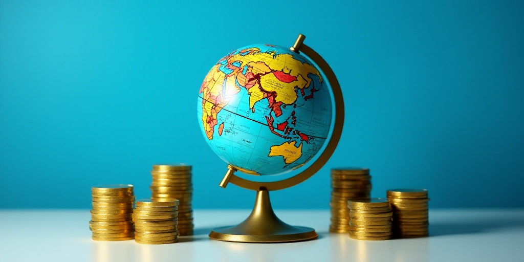 a globe surrounded by stacks of gold coins and stacks of coins on a table with a blue background and