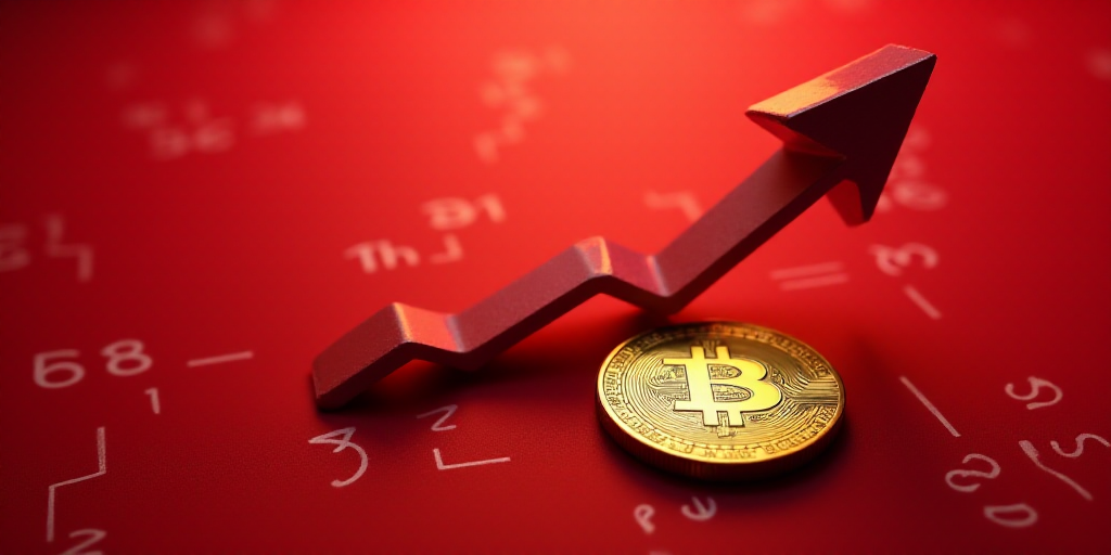 a gold and silver coin with an arrow pointing up on a red background with numbers and symbols in the
