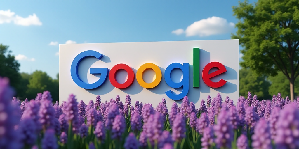 a google sign in front of purple flowers and trees in the background with a blue sky in the backgrou
