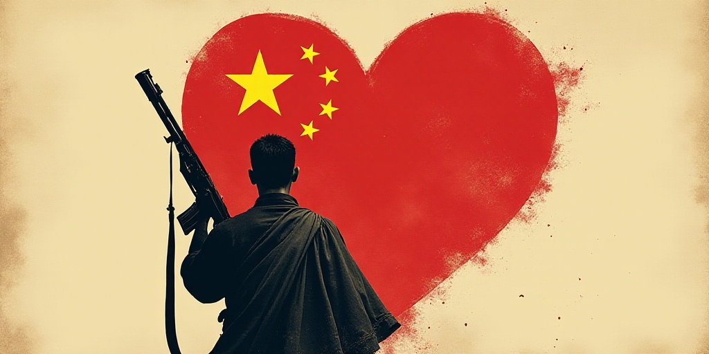 a graphic of a man with a gun and a flag in the shape of a map of china and a heart, Cao Buxing, war