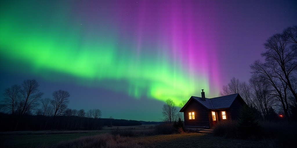 a green and purple aurora bore is in the sky above a house and trees in the foreground, with a purpl