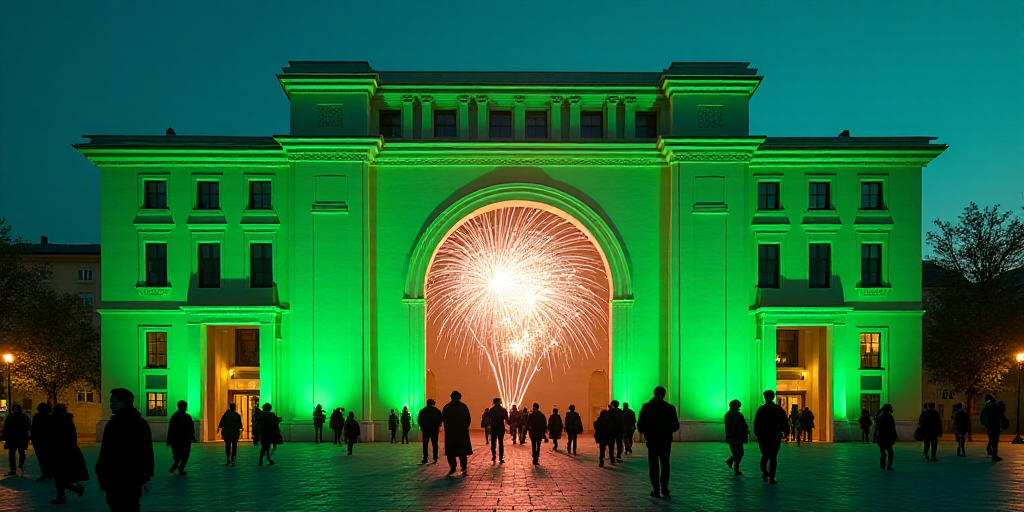 a green and white building with a neon sign and fireworks in front of it and people walking by it, E