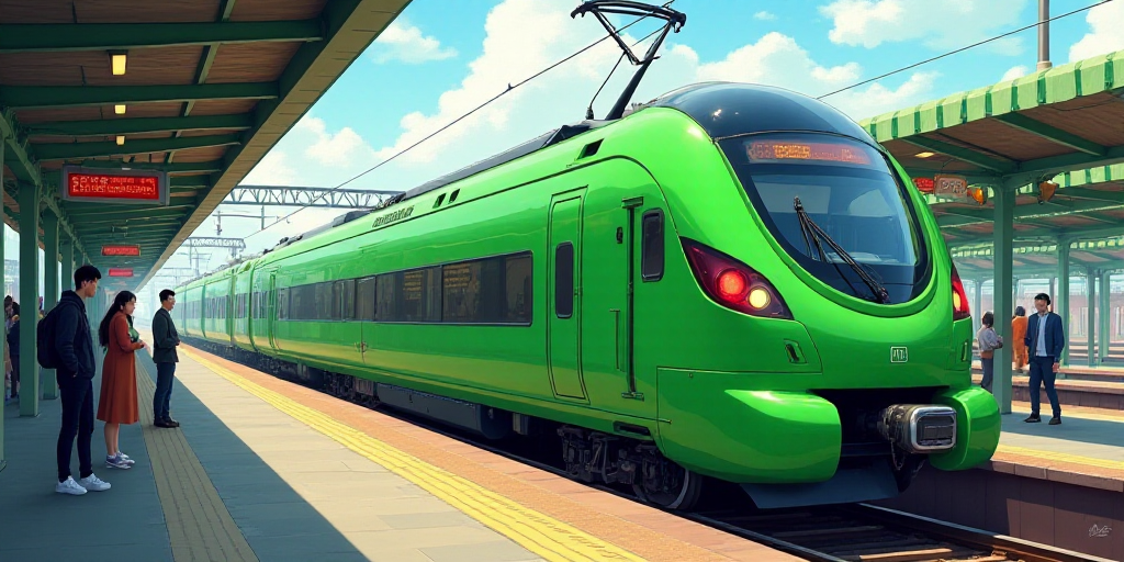 a green train is parked at a station with people waiting on the platform to board it and the train i