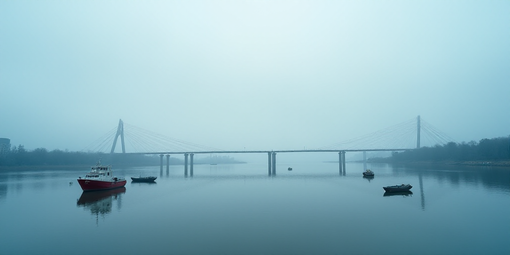 a group of boats floating on top of a body of water next to a bridge under construction on a cloudy