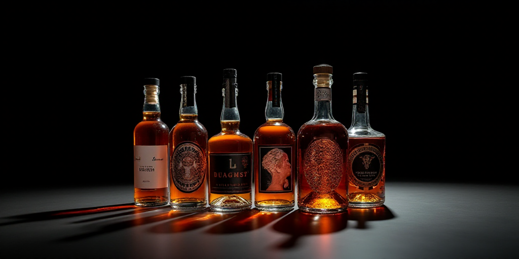 a group of bottles of alcohol sitting next to each other on a table with a black background and a bl