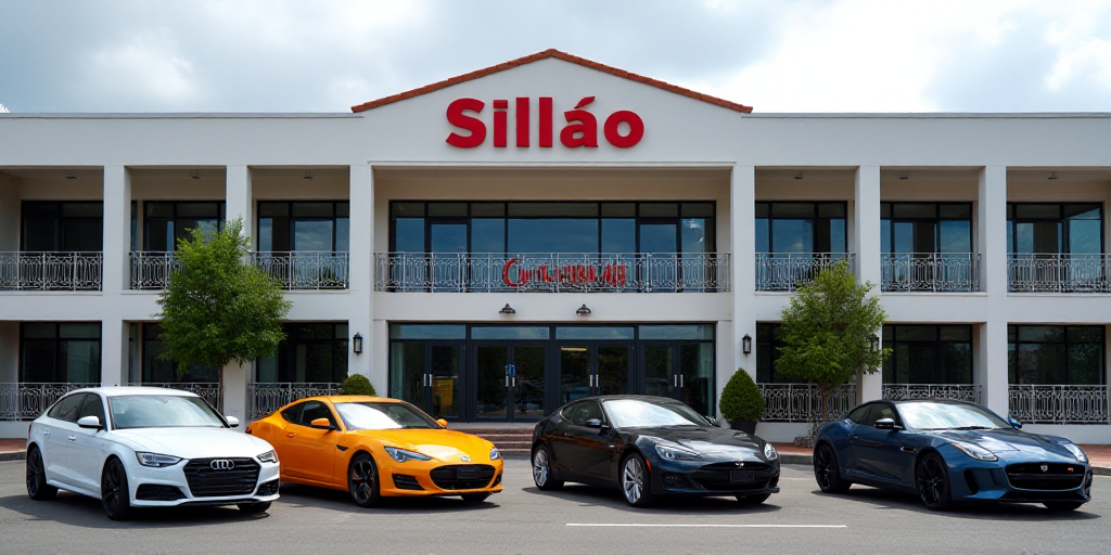 a group of cars parked in front of a building with a sign that says sillao on it, Cui Bai, promotion