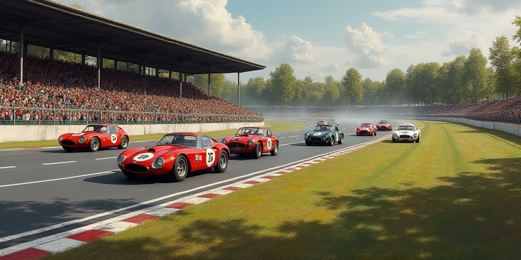 a group of cars racing around a track with a crowd watching them from the stands in the stands behin