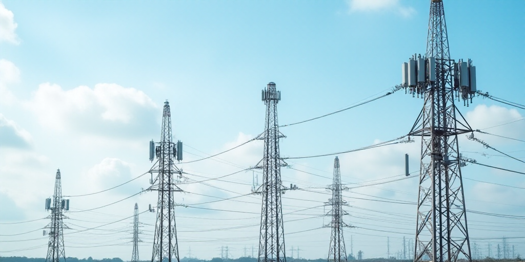 a group of cell towers with a sky background and clouds in the background, with a few clouds in the
