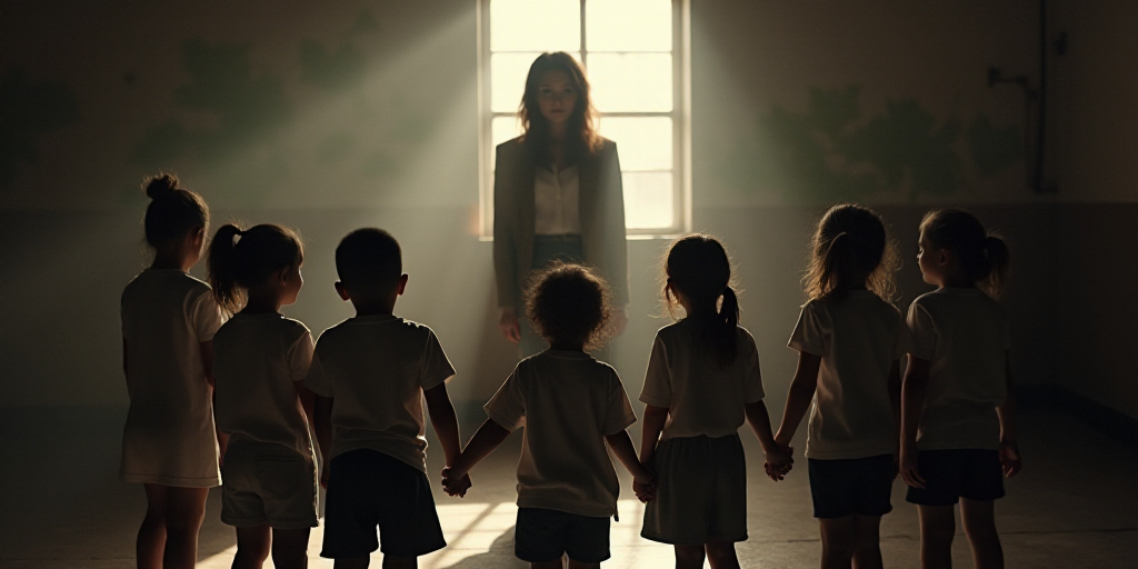 a group of children standing around each other in a room with a woman standing behind them and a man