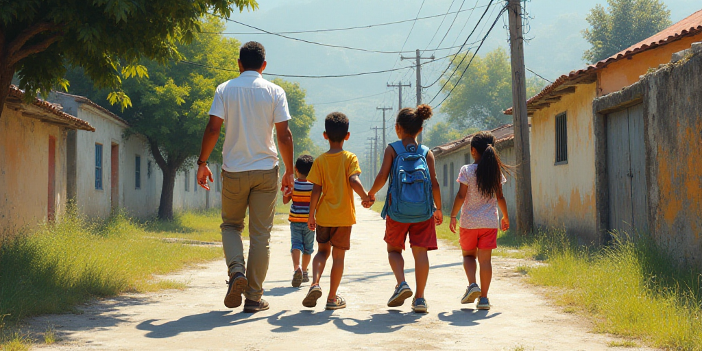 a group of children walking down a sidewalk next to a man in a white shirt and khaki pants, Ceferí