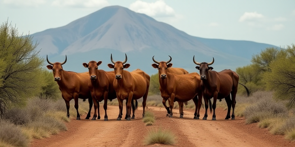 a group of cows standing in a dirt field with a mountain in the background with trees and bushes in