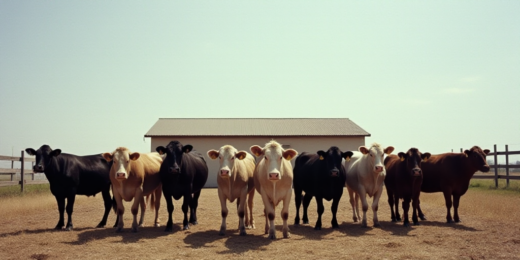 a group of cows standing in a pen with a sky background and a building in the background with a roof