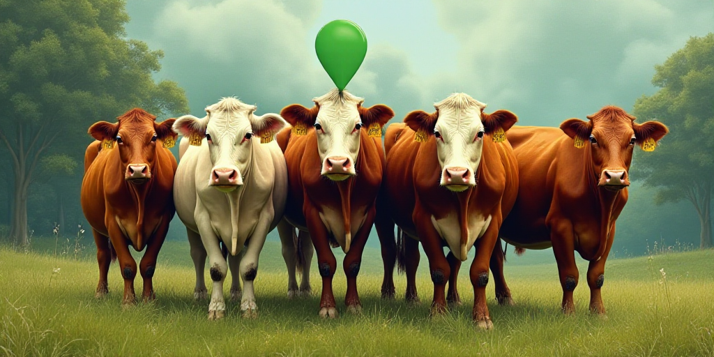 a group of cows standing next to each other on a field of grass and trees in the background, with a