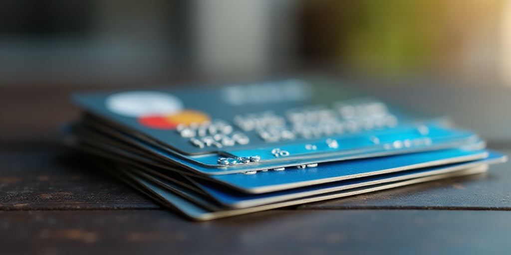 a group of credit cards sitting on top of each other on a table with a blurry background of the cred
