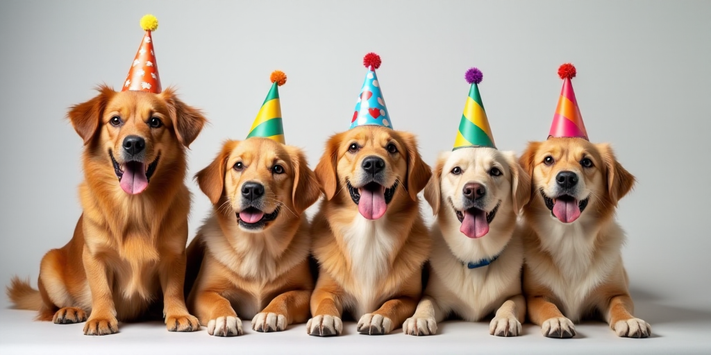 a group of dogs wearing party hats and sitting down together with their tongue out and tongue out, w