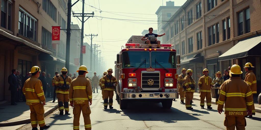 a group of firefighters standing around a fire truck with a man on it's back in a street, Elbridge A