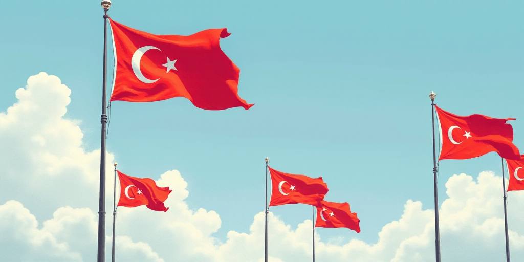a group of flags flying in the air with a sky background and clouds in the background, with a few cl