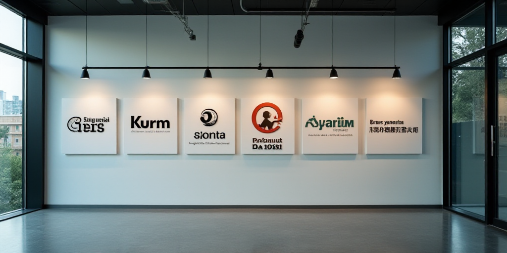 a group of logos are displayed on a wall in a building in a city, with a large glass window behind t