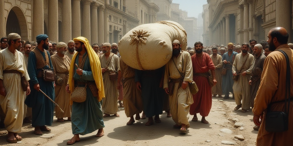 a group of men carrying a large bag of luggage through a crowd of people in a city street,, Bouchta